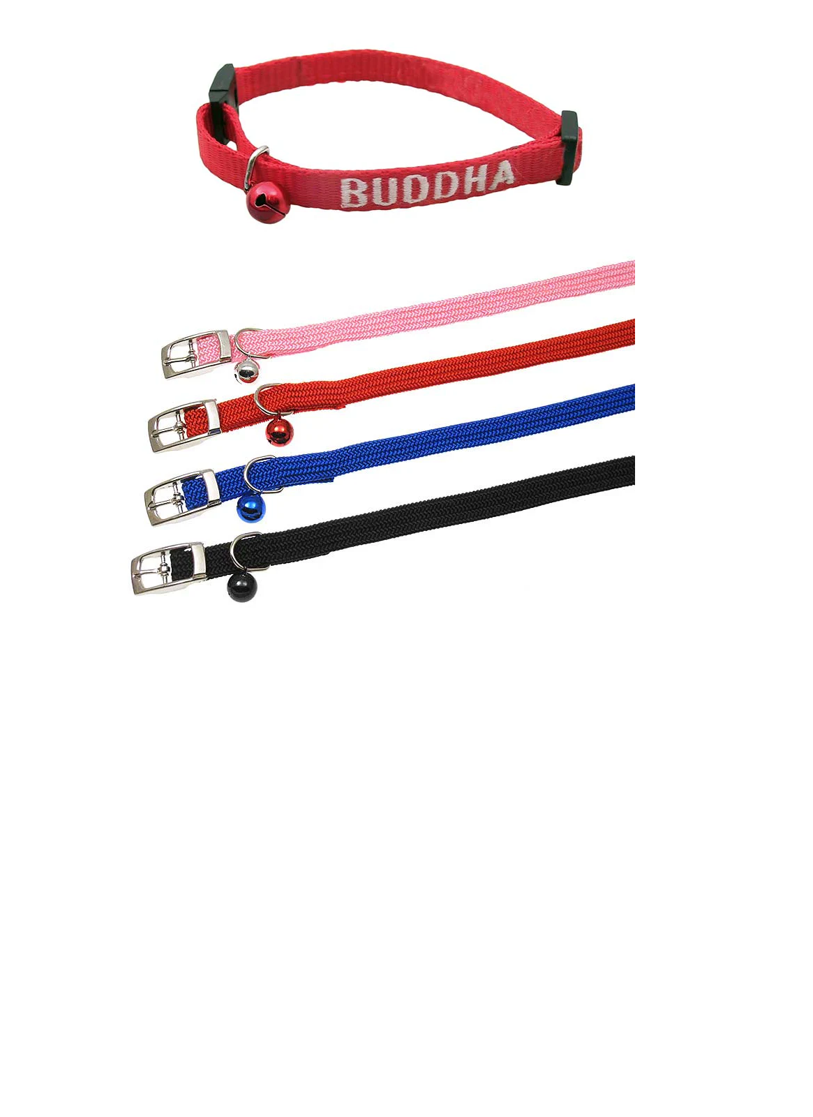 A red cat breakaway collar with a red bell, embroidered with the name "Buddha" in white stitching; and 4 different colors of elastic stretch collars with metal buckle and matching bells.