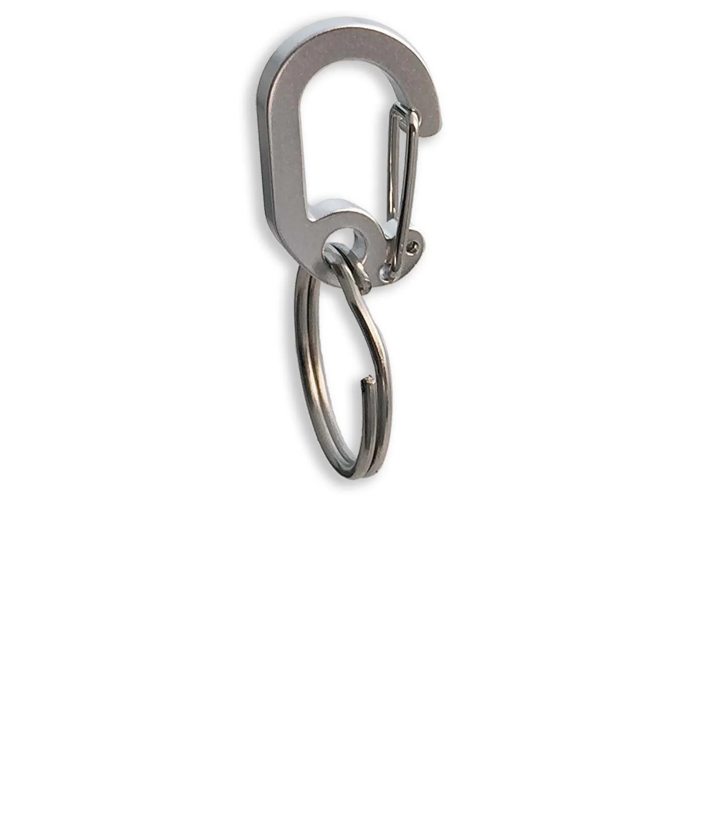 A sliver metal pet tag clip that looks like a mini carabiner, and has a split ring attachment attached to the bottom.