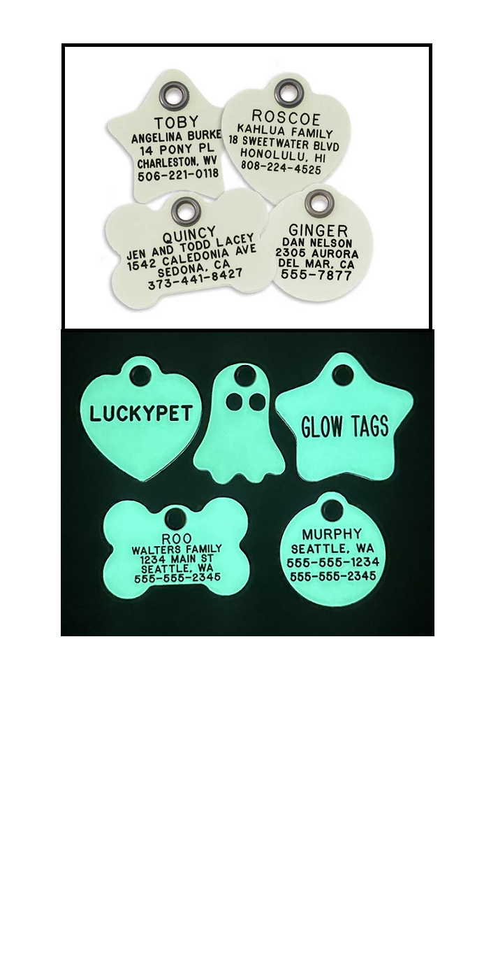 A comparison of the off-white colored tags with black engraving, versus when they glow bright green with visible black engraving when glowing in the dark.