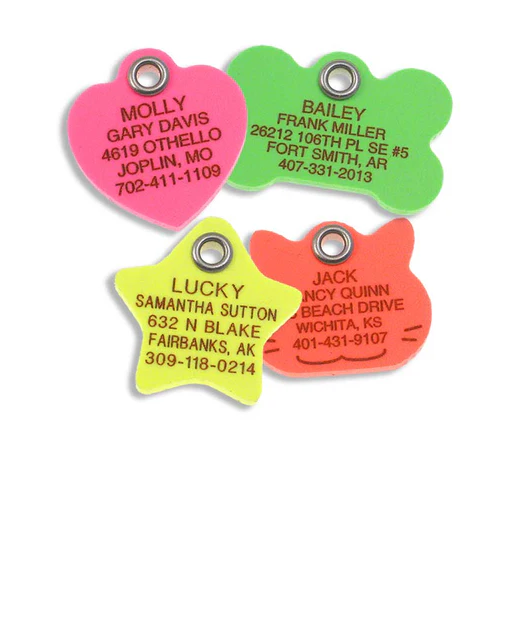 A group of brightly colored plastic tags with personalized engraving, including a neon pink heart, a neon green bone, a neon yellow star, and a neon orange-ish cat face.