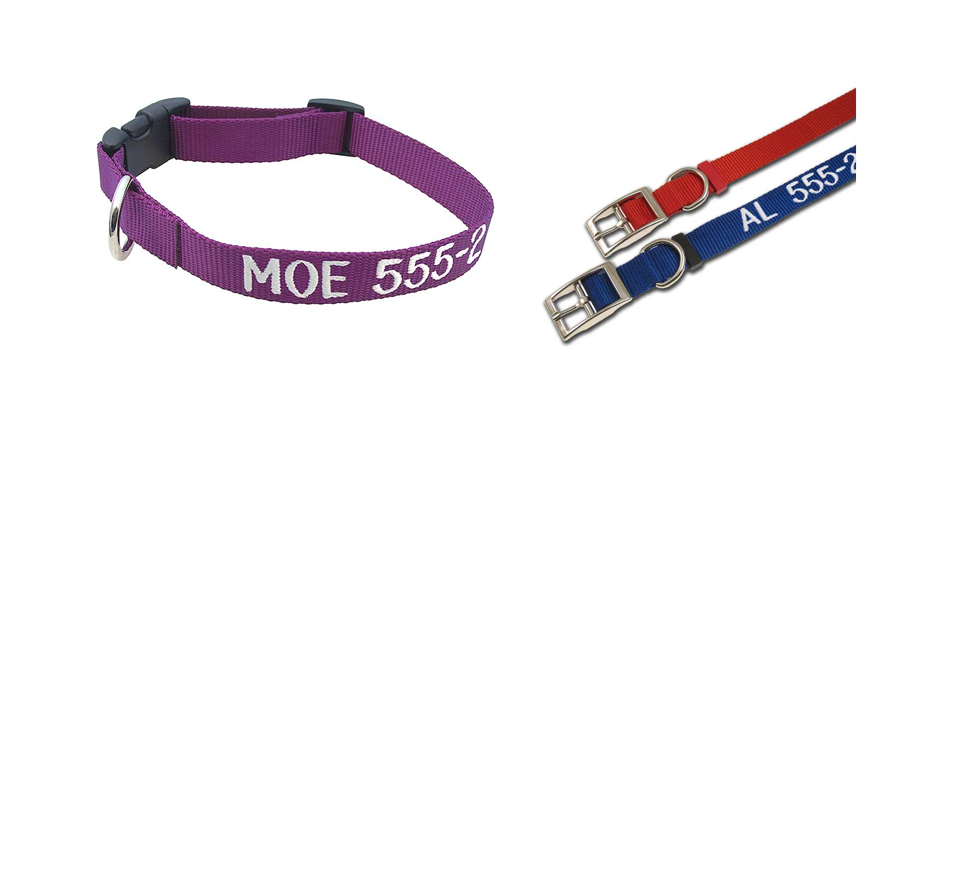 A purple nylon adjustable collar embroidered with the name "Moe" and a phone number in white stitching, and two traditional nylon collars with a metal buckle.